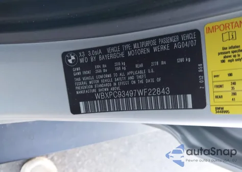 2007 BMW X3 3.0Si from USA, damaged, VIN WBXPC93497WF22843